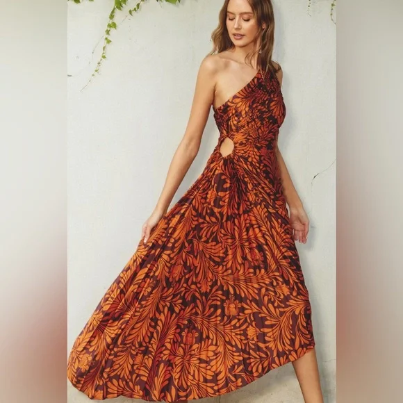 NWT Dress Forum Rust Pleated Print One Shoulder Maxi Dress - Size M - Picture 1 of 5
